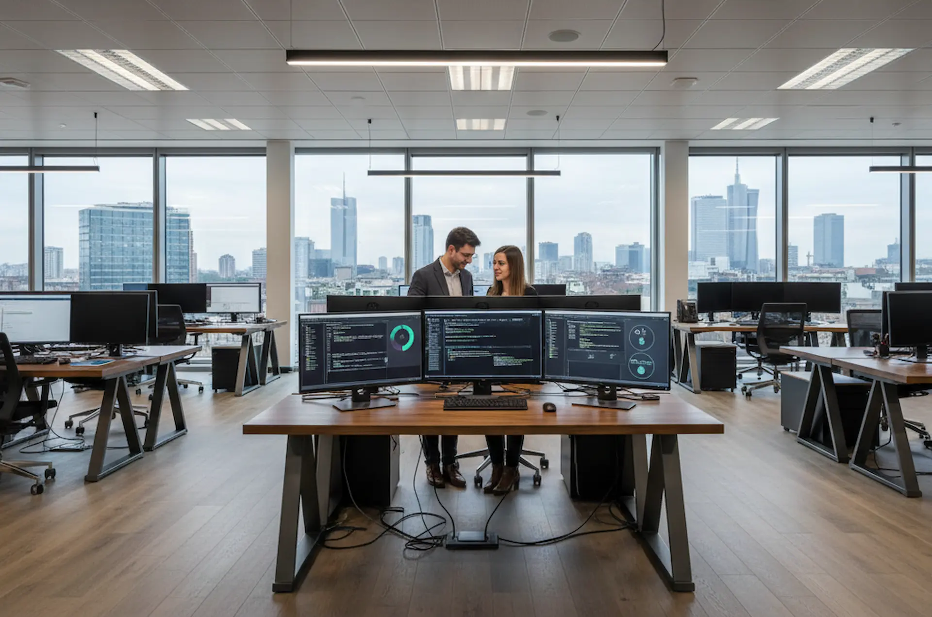 Cyber Hygiene NIS 2: ufficio con monitor e team IT su skyline Milano per sicurezza informatica aziendale