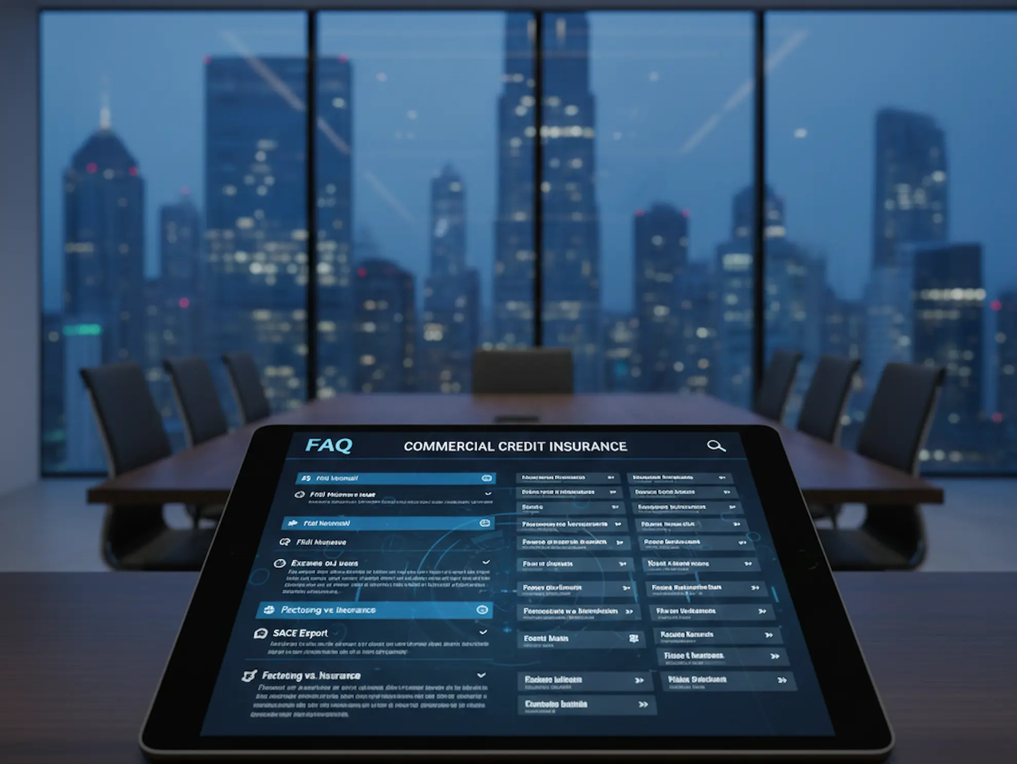Assicurazione Credito - Guida FAQ completa sulla polizza credito commerciale su tablet in ufficio moderno.