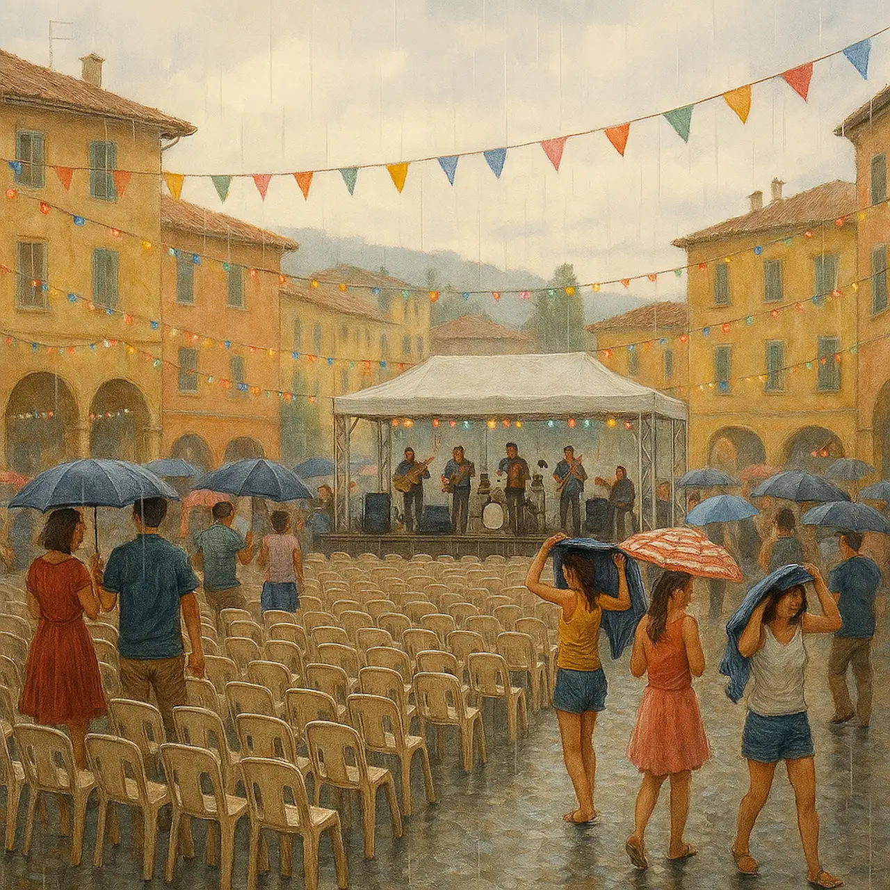 Polizza annullamento eventi: festa estiva italiana sotto la pioggia con rischio meteo per organizzatori