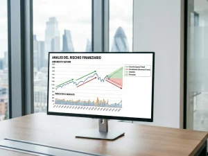 Protezione del credito: grafico di analisi del rischio finanziario su monitor in ufficio professionale