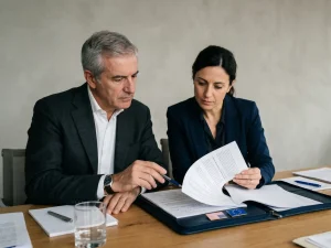 Chapter 11 e creditori europei: manager e consulente legale esaminano documenti di insolvenza internazionale