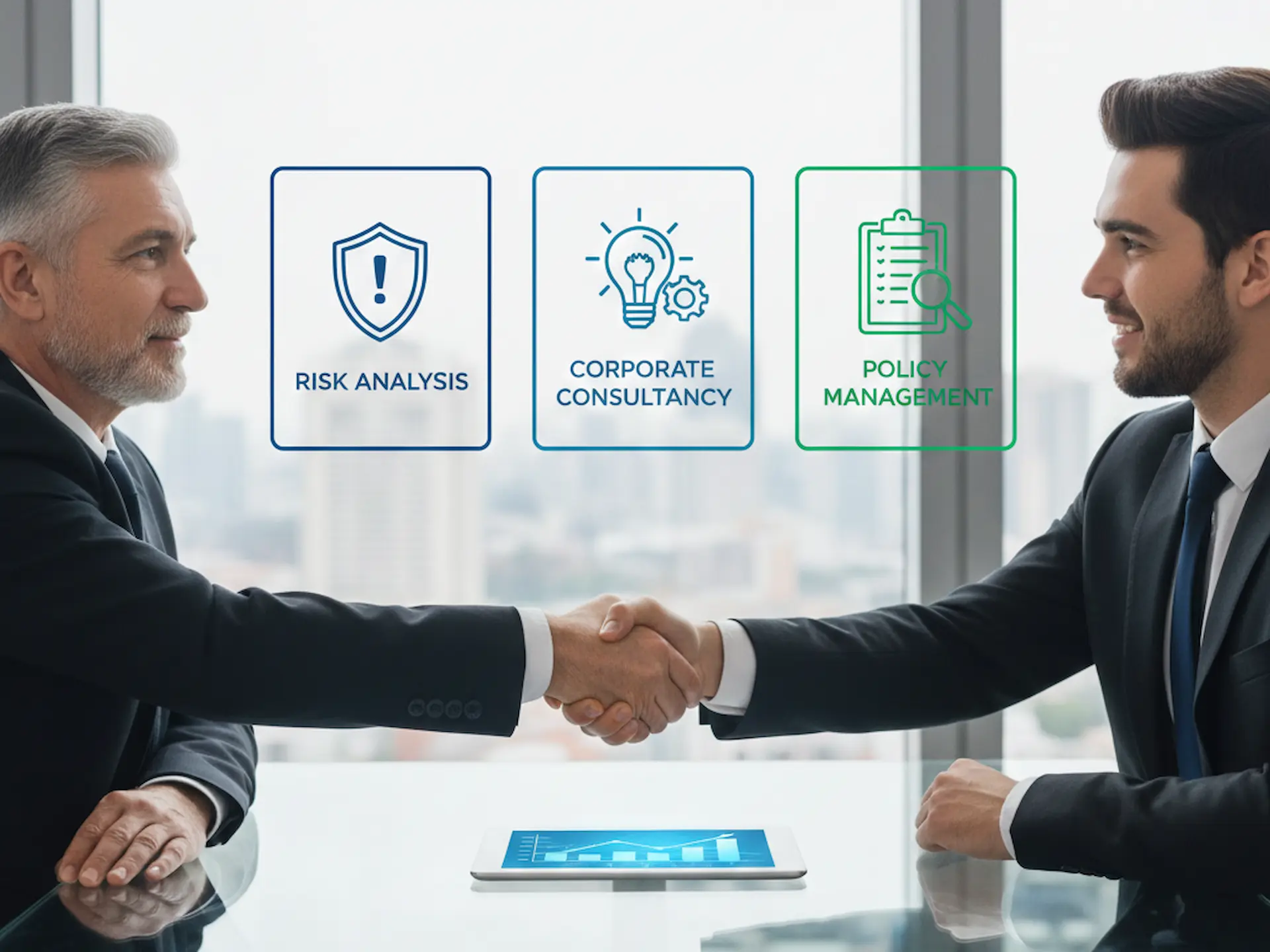Broker assicurativo: stretta di mano tra intermediario e imprenditore in ufficio moderno