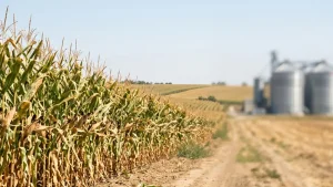 Assicurazione agricoltura eventi meteo: campo di mais sotto caldo estremo estivo con silos sullo sfondo