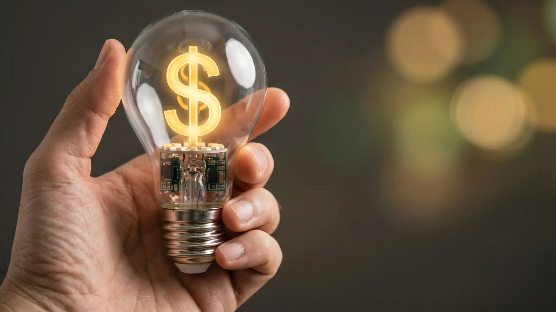 Polizza Esco: mano che sorregge una lampadina con filamento a forma di simbolo del dollaro, simbolo del risparmio energetico garantito