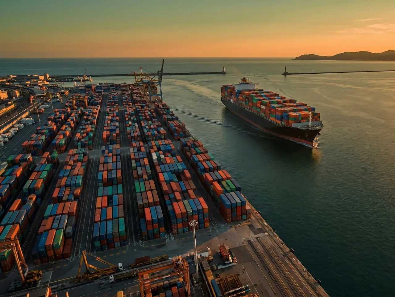 Assicurazione Credito - Porto commerciale italiano al tramonto con nave portacontainer — rischio credito PMI 2025