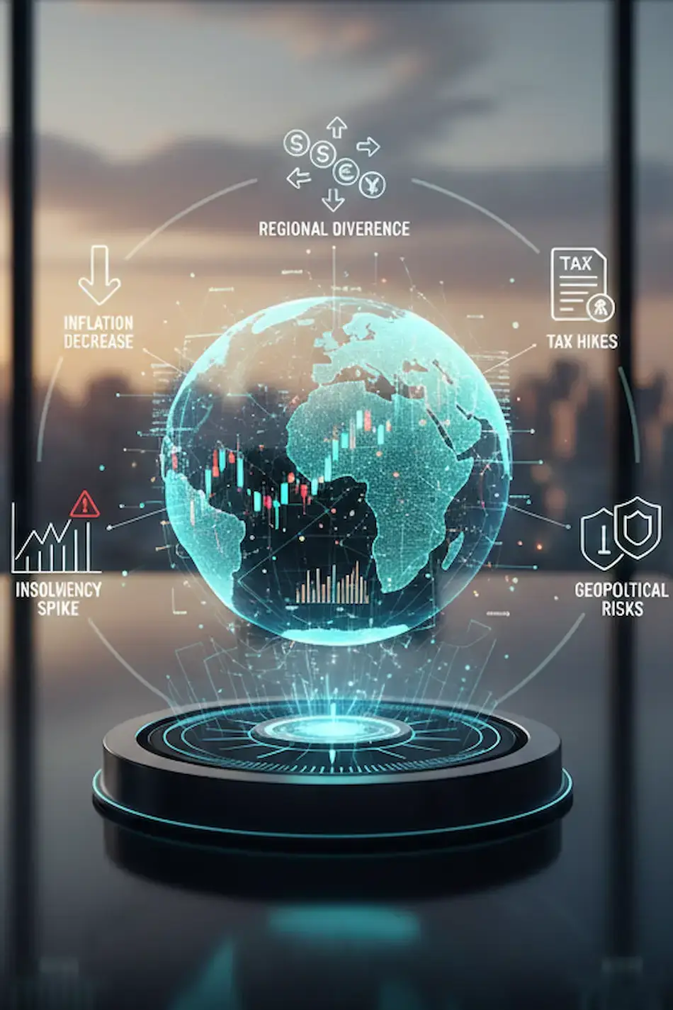 Assicurazione Credito - Infografica 3D su 5 trend economici mondiali: inflazione, insolvenze, divari regionali, tariffe e rischi geopolitici. Assicurazione Credito Commerciale