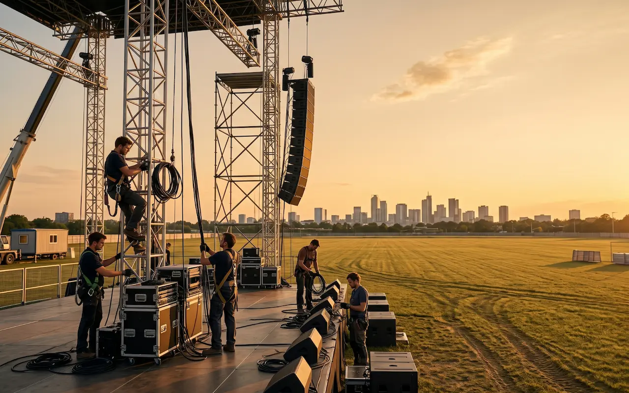Annullamento eventi ordine pubblico: palco da concerto in costruzione con tecnici al lavoro e arena vuota