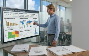 Intelligenza artificiale credito commerciale: professionista che analizza richieste di fido automatizzate su schermo touch