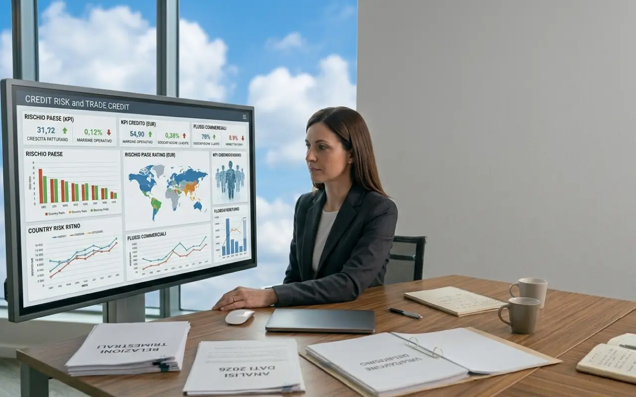 Credito commerciale e intelligenza artificiale: analista che monitora dashboard di rischio su monitor digitale