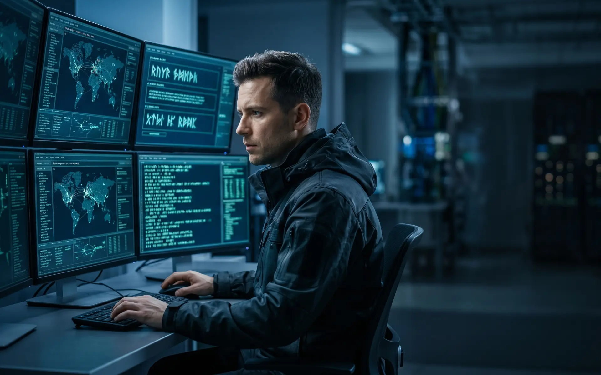 Cyber Risk Engineering Chubb: analista SOC al lavoro su monitor di sicurezza