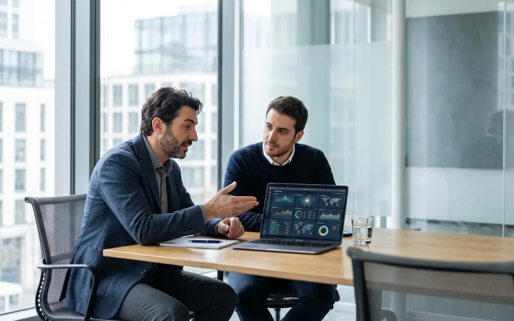 Assicurazione Cyber Risk - professionisti in ufficio consultano una dashboard di sicurezza informatica