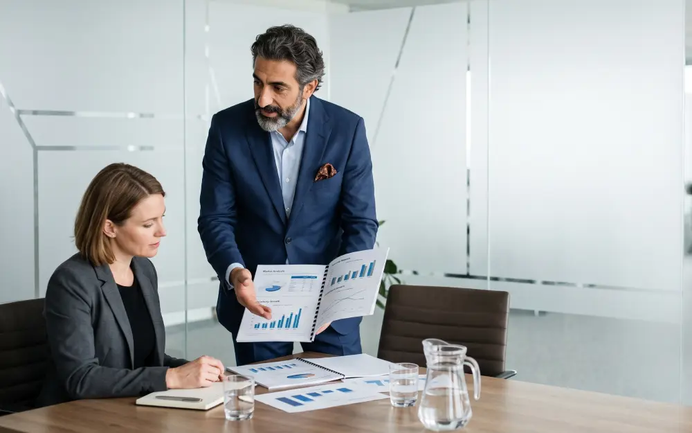 Assicurazione Cyber Risk: consulente assicurativo illustra documenti a un cliente in ufficio