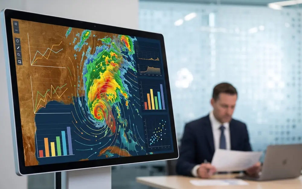 schermo con dati meteo astratti per l'analisi di una garanzia cancellazione evento
