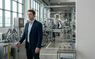 Fare credito fino a cinque anni: imprenditore in impianto industriale con macchinari e linee di produzione
