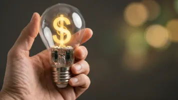 Polizza Esco: mano che sorregge una lampadina con filamento a forma di simbolo del dollaro, simbolo del risparmio energetico garantito