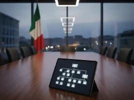 RC Patrimoniale Enti Pubblici: boardroom istituzionale con tablet su scrivania e bandiera italiana