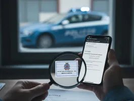 Truffe assicurative online: persona verifica polizza falsa con auto della polizia sullo sfondo