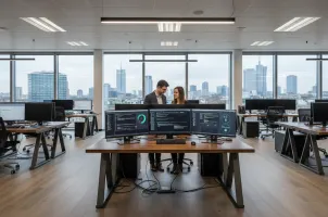 Cyber Hygiene NIS 2: ufficio con monitor e team IT su skyline Milano per sicurezza informatica aziendale