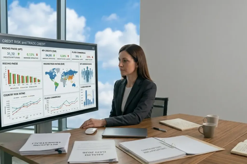 Credito commerciale e intelligenza artificiale: analista che monitora dashboard di rischio su monitor digitale
