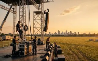 Annullamento eventi ordine pubblico: palco da concerto in costruzione con tecnici al lavoro e arena vuota