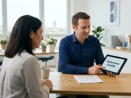 Assicurazione Credito - Broker assicurativo mostra polizza Atradius per la gestione ritardi pagamento a un cliente in ufficio.