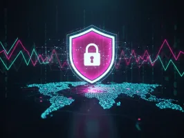 Scudo digitale rosa con lucchetto sopra una mappa del mondo olografica, rappresentazione del Chubb Cyber Threat Report 2025.