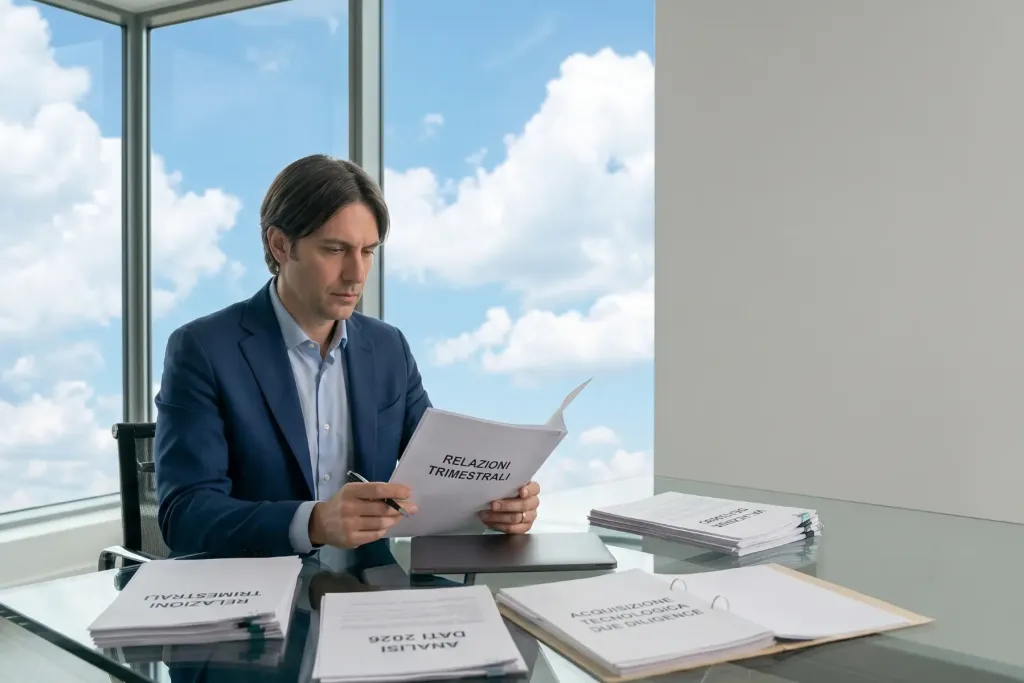 previsioni insolvenze 2026: broker assicurativo analizza dati in ufficio moderno