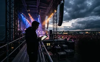Palco di un evento all'aperto con temporale in arrivo, gestione del rischio annullamento