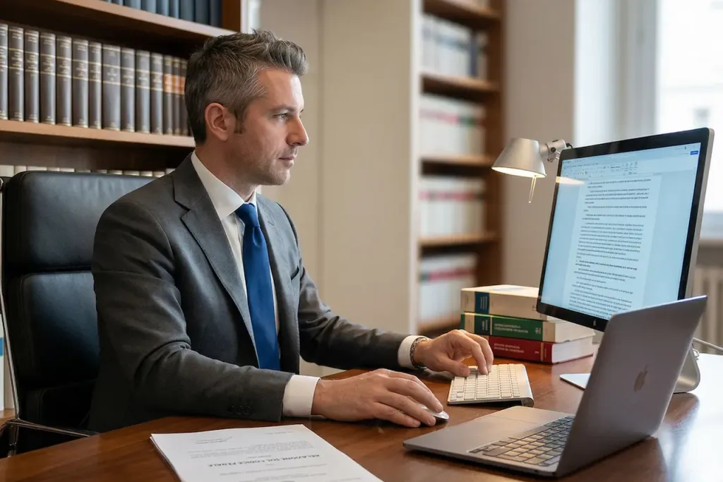 RC Professionale Avvocati AI: avvocato che verifica un atto processuale generato con intelligenza artificiale in studio legale italiano