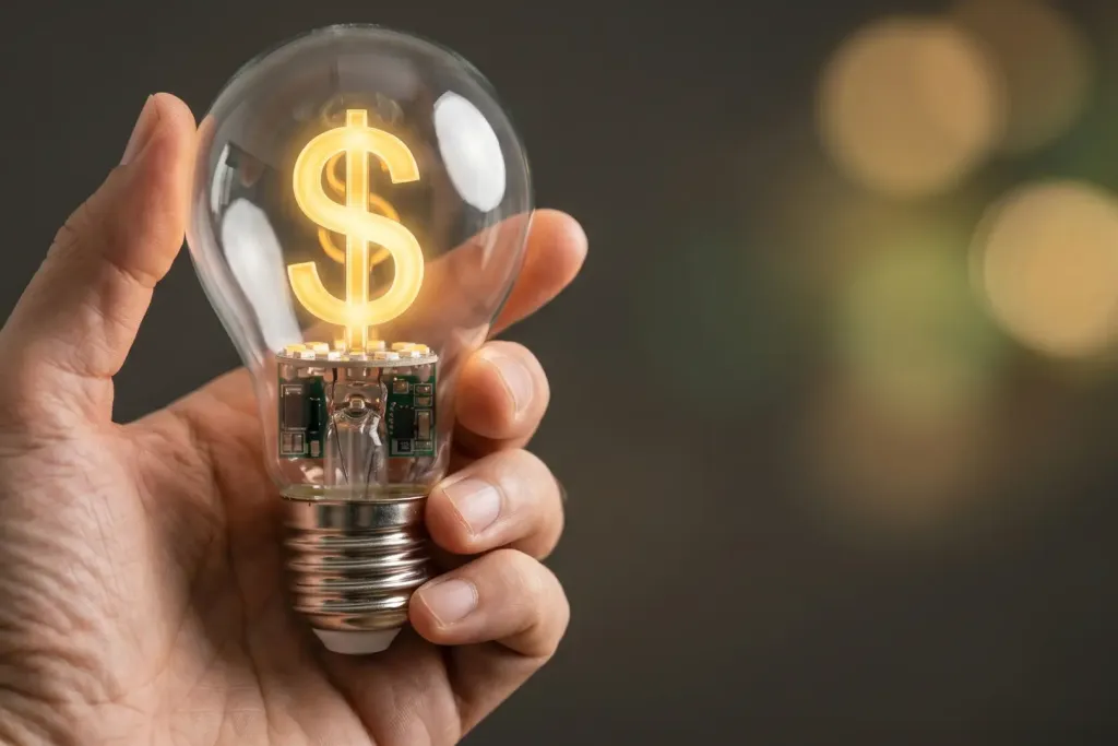 Polizza Esco: mano che sorregge una lampadina con filamento a forma di simbolo del dollaro, simbolo del risparmio energetico garantito
