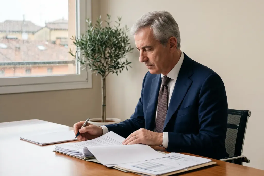 Obblighi amministratori codice della crisi: manager esamina documenti di risk management aziendale alla scrivania