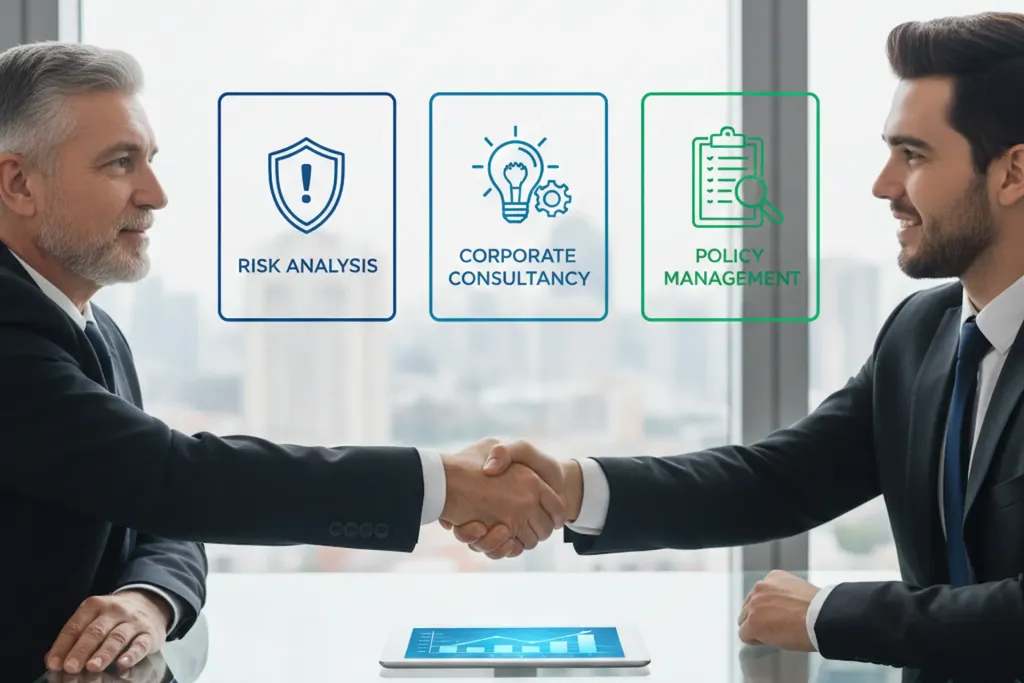 Broker assicurativo: stretta di mano tra intermediario e imprenditore in ufficio moderno