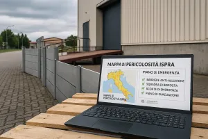 Rischio alluvioni PMI: capannone con paratie anti-alluvione e mappa ISPRA per prevenzione e piano di emergenza