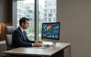 Commercio globale: analista esamina flussi commerciali internazionali e scenari geopolitici su monitor