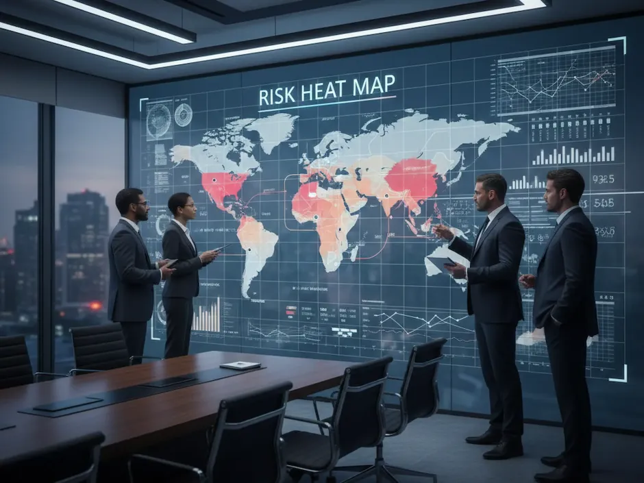 Analisi Rischi Aziendali - Team di consulenti Risk Manager analizza una mappa dei rischi in una sala riunioni moderna.