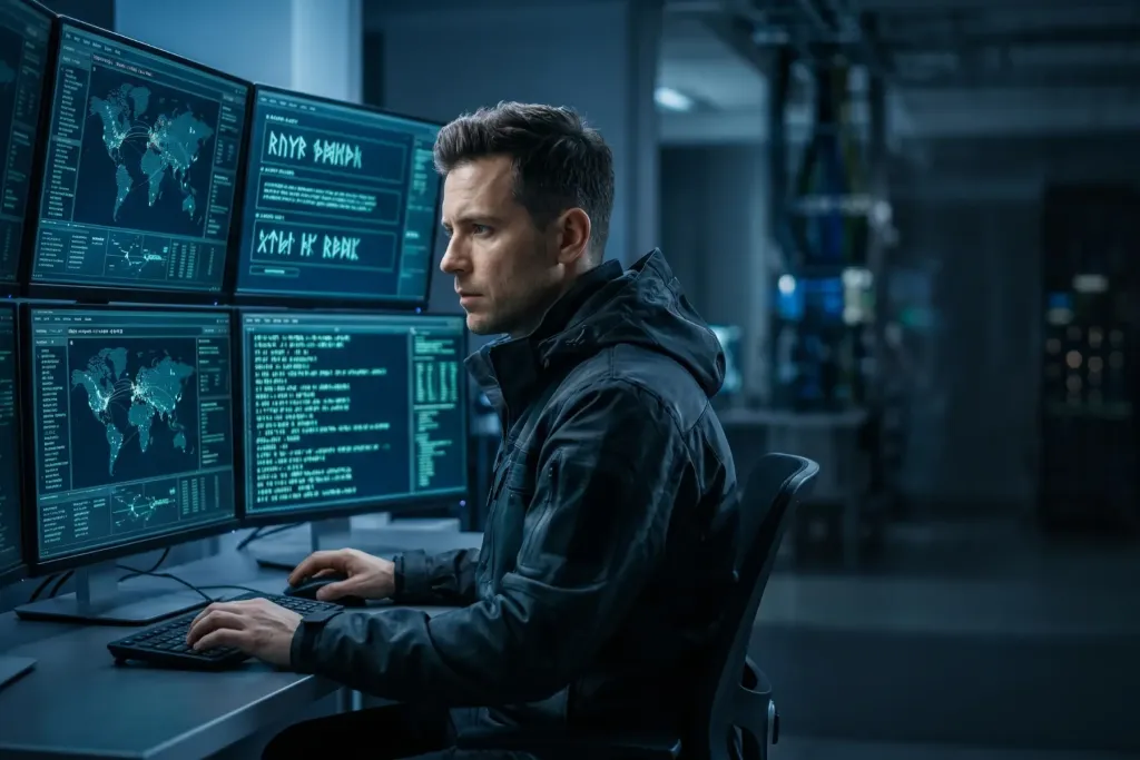 Cyber Risk Engineering Chubb: analista SOC al lavoro su monitor di sicurezza