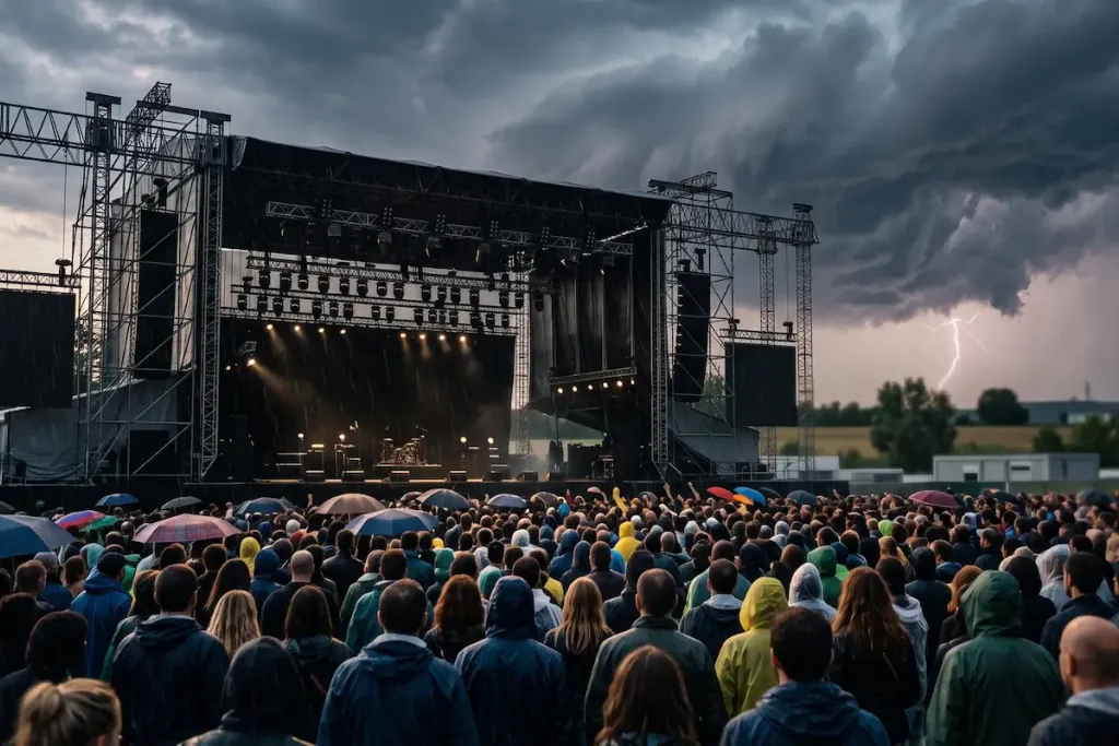 concerti annullati 2026: palco vuoto sotto il temporale