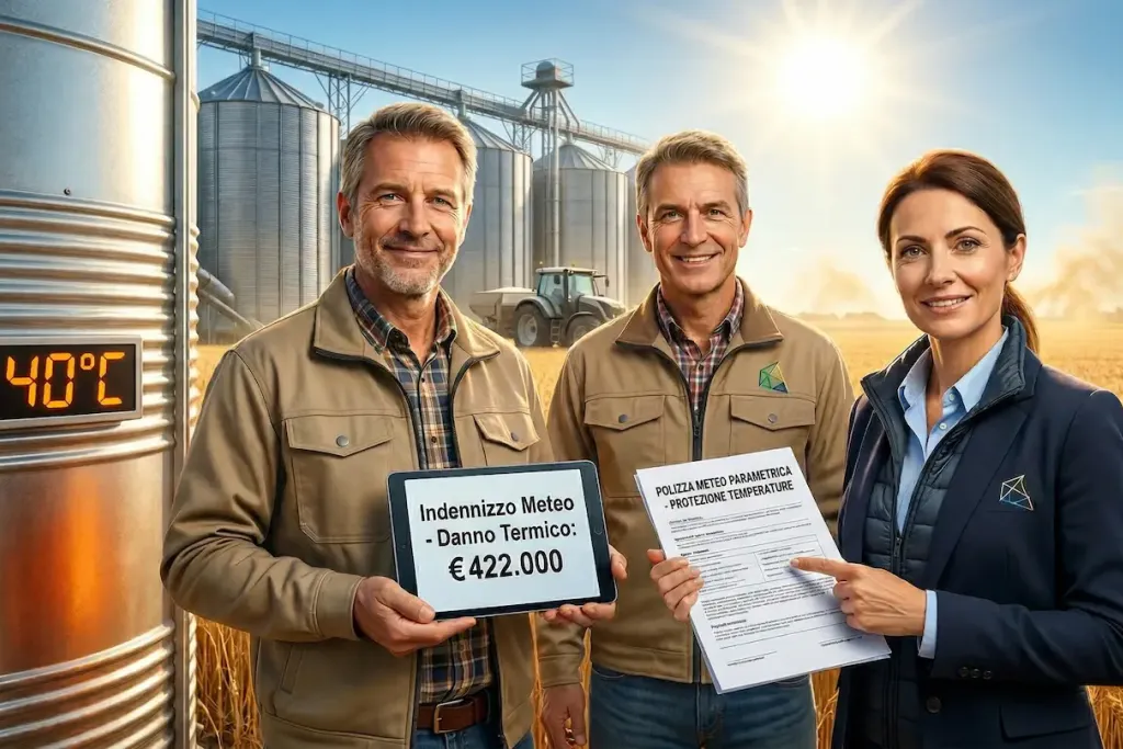 Assicurazione meteo sinistro 422000 euro caldo estremo - Polizza parametrica danno termico cereali silos agricoltura