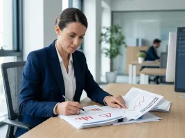 Assicurazione Credito - Primo piano di una professionista seduta a una scrivania moderna che analizza documenti finanziari