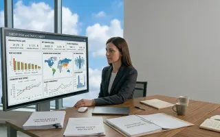 Credito commerciale e intelligenza artificiale: analista che monitora dashboard di rischio su monitor digitale