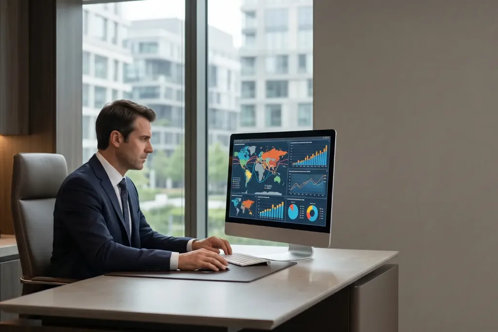 Commercio globale: analista esamina flussi commerciali internazionali e scenari geopolitici su monitor