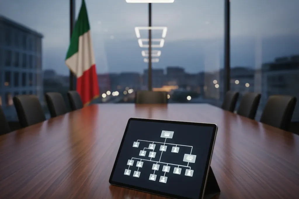 RC Patrimoniale Enti Pubblici: boardroom istituzionale con tablet su scrivania e bandiera italiana
