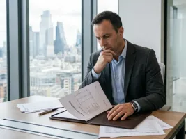 Protezione del credito: imprenditore alla scrivania che analizza il rischio commerciale della propria azienda