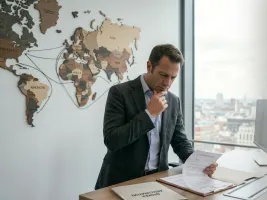 Protezione credito commercio internazionale - manager esamina contratti di vendita estera per tutelarsi dal fallimento del compratore