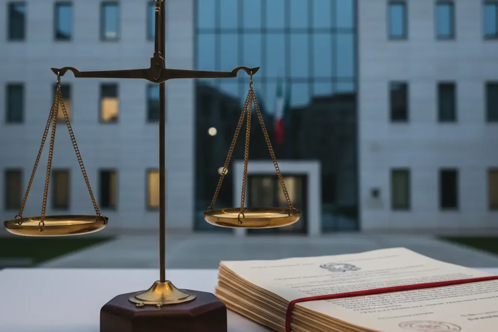 Tutela Legale Enti Pubblici: amministratore comunale esamina documenti legali davanti a un edificio istituzionale