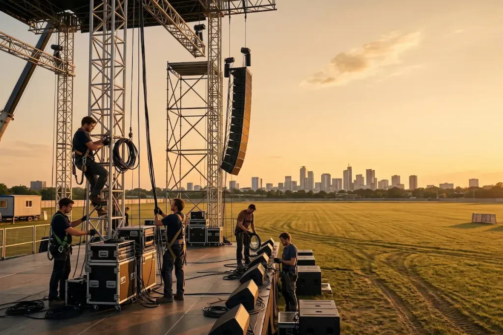 Annullamento eventi ordine pubblico: palco da concerto in costruzione con tecnici al lavoro e arena vuota