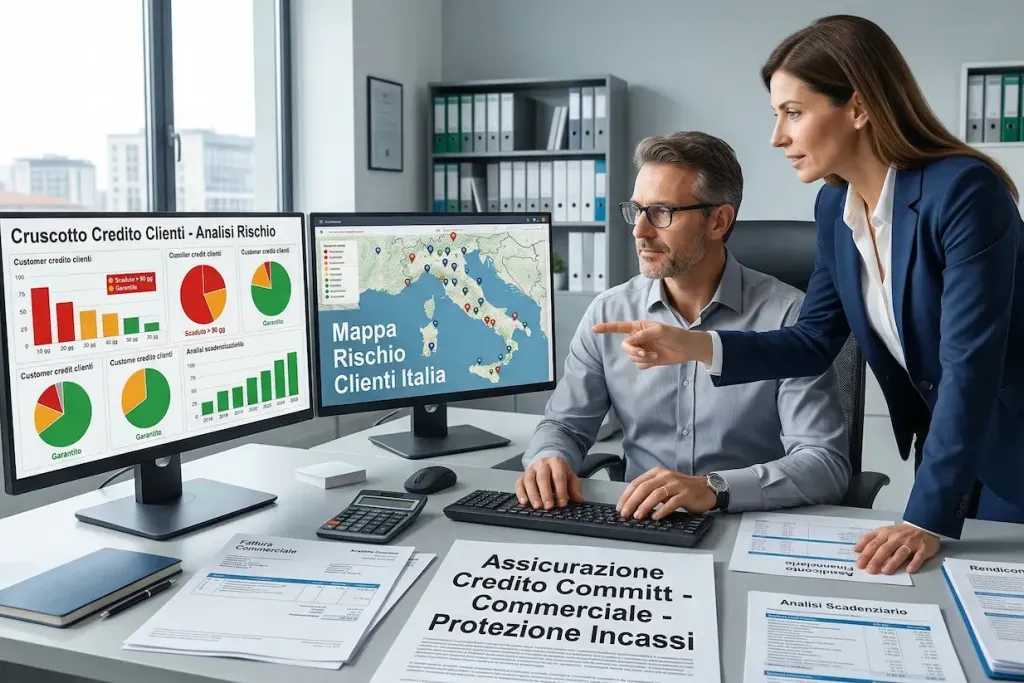 Tutela da insoluti: CFO analizza dashboard crediti commerciali con broker assicurativo